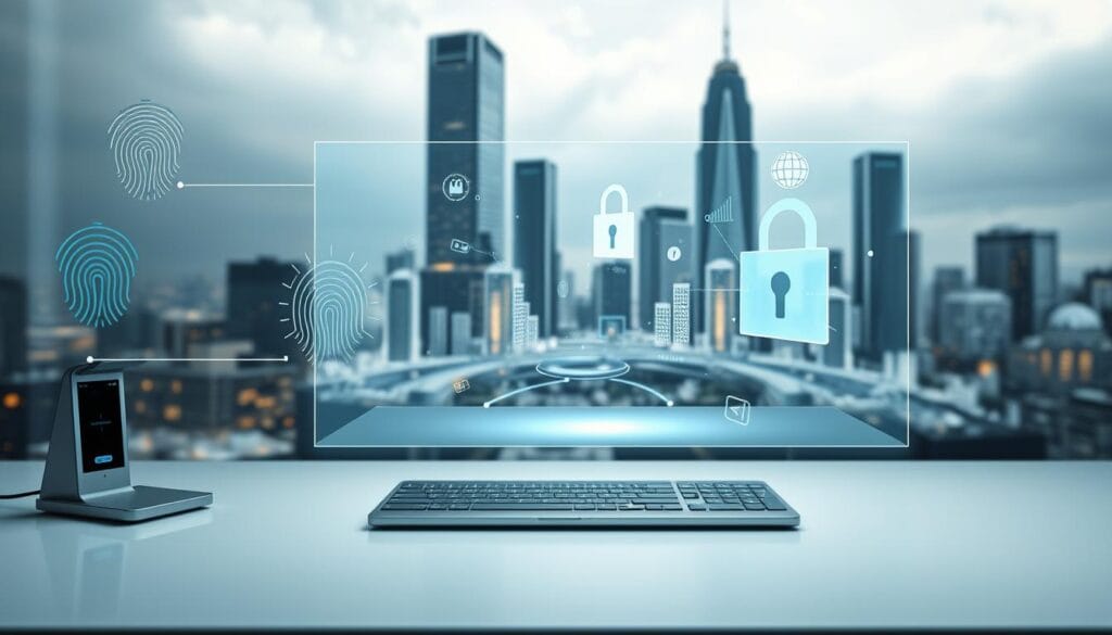 A sleek, minimalist desktop with a holographic display showcasing various digital identity verification methods. In the foreground, a close-up view of a fingerprint scanner, biometric iris scanner, and facial recognition software. In the middle ground, a 3D projection of a secure banking transaction, with floating data points and icons. The background features a cityscape of skyscrapers, symbolizing the integration of digital identity verification in modern banking. Soft, diffused lighting creates a modern, futuristic atmosphere, while the angles and perspectives convey a sense of technological advancement and efficiency. A sleek, minimalist desktop with a holographic display showcasing various digital identity verification methods. In the foreground, a close-up view of a fingerprint scanner, biometric iris scanner, and facial recognition software. In the middle ground, a 3D projection of a secure banking transaction, with floating data points and icons. The background features a cityscape of skyscrapers, symbolizing the integration of digital identity verification in modern banking. Soft, diffused lighting creates a modern, futuristic atmosphere, while the angles and perspectives convey a sense of technological advancement and efficiency.