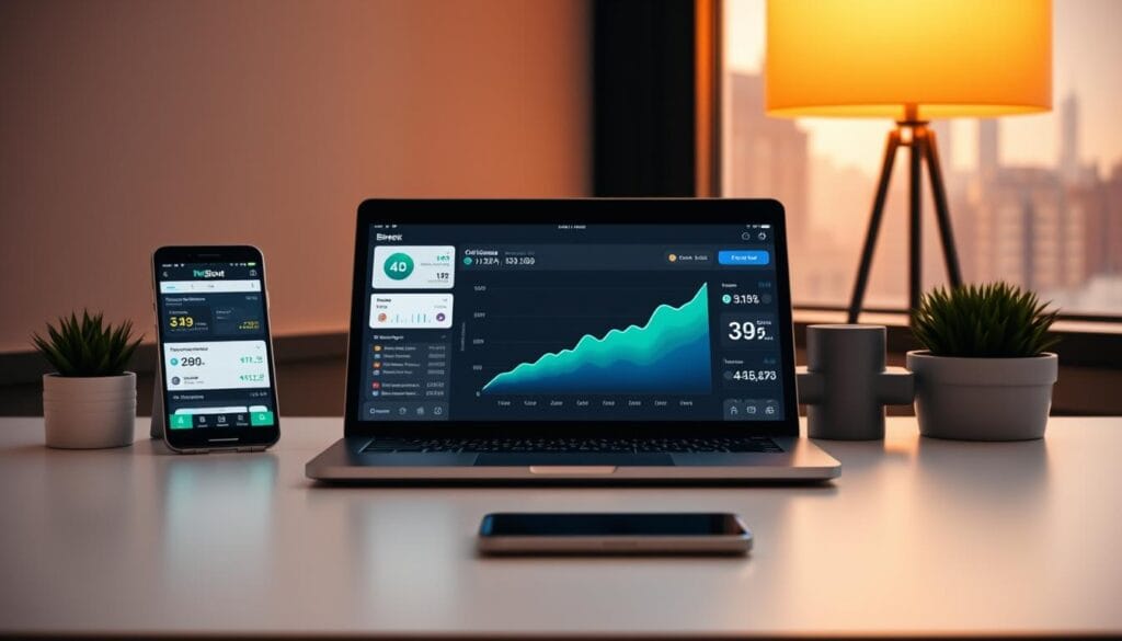 A sleek, minimalist desktop with a laptop, tablet, and smartphone arranged neatly. Crisp, evenly-lit scene with a warm, inviting atmosphere. In the foreground, financial planning apps and budgeting tools are displayed on the screens, showcasing intuitive interfaces and clear visualizations of income, expenses, and savings. The middle ground features a stylized graph demonstrating the power of fintech to optimize personal finance. In the background, a softly-blurred cityscape hints at the connectivity and accessibility of these modern money management solutions. The overall impression is one of streamlined efficiency and empowered financial control. A sleek, minimalist desktop with a laptop, tablet, and smartphone arranged neatly. Crisp, evenly-lit scene with a warm, inviting atmosphere. In the foreground, financial planning apps and budgeting tools are displayed on the screens, showcasing intuitive interfaces and clear visualizations of income, expenses, and savings. The middle ground features a stylized graph demonstrating the power of fintech to optimize personal finance. In the background, a softly-blurred cityscape hints at the connectivity and accessibility of these modern money management solutions. The overall impression is one of streamlined efficiency and empowered financial control.