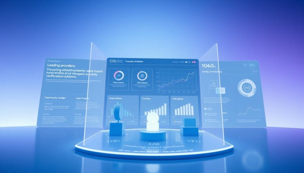 A sleek, minimalist digital dashboard showcasing a series of case studies on innovative blockchain-based identity verification solutions. In the foreground, a holographic display presents detailed profiles of leading providers, each with an interactive 3D model. The middle ground features a clean, modern UI with intuitive data visualizations and infographics. The background subtly blends shades of blue and purple, evoking a sense of technological sophistication. Soft, directional lighting casts a futuristic glow, while the camera angle provides an immersive, eye-level perspective, inviting the viewer to explore the digital landscape. A sleek, minimalist digital dashboard showcasing a series of case studies on innovative blockchain-based identity verification solutions. In the foreground, a holographic display presents detailed profiles of leading providers, each with an interactive 3D model. The middle ground features a clean, modern UI with intuitive data visualizations and infographics. The background subtly blends shades of blue and purple, evoking a sense of technological sophistication. Soft, directional lighting casts a futuristic glow, while the camera angle provides an immersive, eye-level perspective, inviting the viewer to explore the digital landscape.