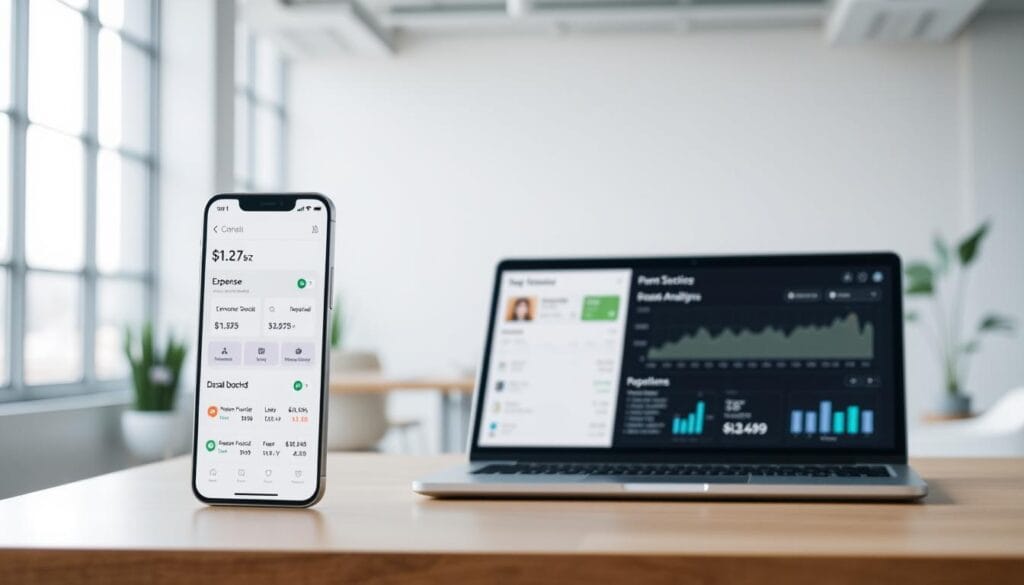 A sleek, minimalist expense management platform with a clean dashboard interface. The foreground features an elegant mobile app with intuitive expense tracking, categorization, and reporting tools. The middle ground showcases a laptop displaying detailed expense analytics and budget visualization. The background depicts a serene, modern office setting with natural lighting filtering through large windows, complementing the platform's efficient and organized aesthetic. The overall mood is one of productivity, control, and financial clarity, reflecting the best practices for implementing and adopting this AI-powered expense tracking solution. A sleek, minimalist expense management platform with a clean dashboard interface. The foreground features an elegant mobile app with intuitive expense tracking, categorization, and reporting tools. The middle ground showcases a laptop displaying detailed expense analytics and budget visualization. The background depicts a serene, modern office setting with natural lighting filtering through large windows, complementing the platform's efficient and organized aesthetic. The overall mood is one of productivity, control, and financial clarity, reflecting the best practices for implementing and adopting this AI-powered expense tracking solution.