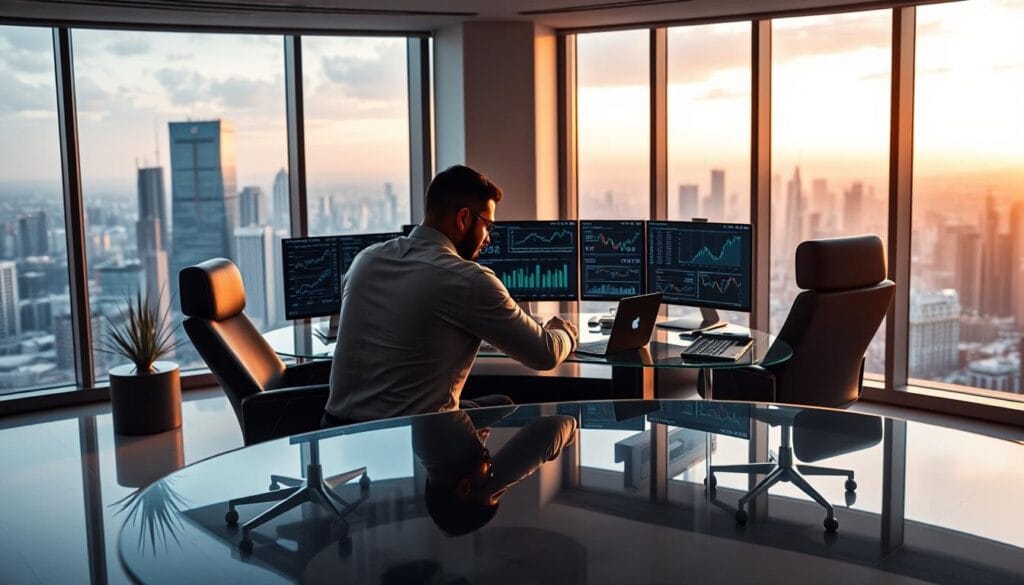 A sleek, minimalist office interior with floor-to-ceiling windows offering a panoramic view of a bustling city skyline. In the foreground, a modern glass-top desk features a laptop, a tablet, and an array of high-tech financial analytics tools. The desk is flanked by a pair of ergonomic leather chairs, one occupied by a focused, data-driven portfolio manager. They examine charts and graphs displayed on multiple monitors, their expression a blend of concentration and confidence. The room is bathed in a warm, ambient lighting that sets a tone of professionalism and innovation. The overall scene conveys the seamless integration of artificial intelligence and human expertise in the evolving world of portfolio management. A sleek, minimalist office interior with floor-to-ceiling windows offering a panoramic view of a bustling city skyline. In the foreground, a modern glass-top desk features a laptop, a tablet, and an array of high-tech financial analytics tools. The desk is flanked by a pair of ergonomic leather chairs, one occupied by a focused, data-driven portfolio manager. They examine charts and graphs displayed on multiple monitors, their expression a blend of concentration and confidence. The room is bathed in a warm, ambient lighting that sets a tone of professionalism and innovation. The overall scene conveys the seamless integration of artificial intelligence and human expertise in the evolving world of portfolio management.