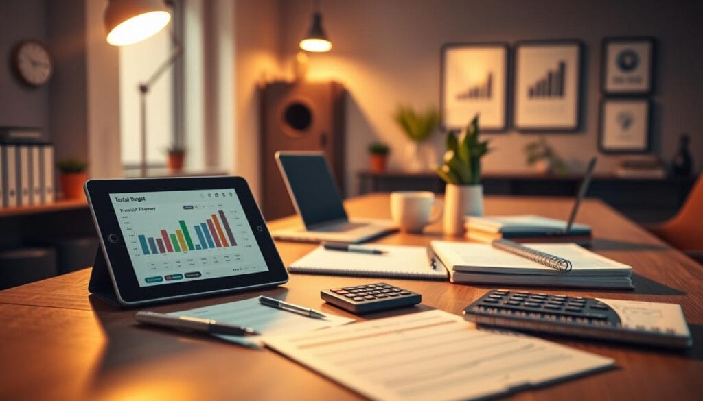 A sleek, minimalist office setting bathed in warm, ambient lighting. In the foreground, an array of financial planning tools - a tablet displaying a budgeting app, a pen and notebook, a calculator, and a tactile financial planner. The middle ground features a wooden desk, with a laptop, coffee mug, and potted plant. The background is softly blurred, hinting at shelves of financial documents and framed financial charts on the walls. The overall mood is one of organized productivity and technological sophistication, reflecting the cutting-edge AI-powered predictive budgeting tools of 2025. A sleek, minimalist office setting bathed in warm, ambient lighting. In the foreground, an array of financial planning tools - a tablet displaying a budgeting app, a pen and notebook, a calculator, and a tactile financial planner. The middle ground features a wooden desk, with a laptop, coffee mug, and potted plant. The background is softly blurred, hinting at shelves of financial documents and framed financial charts on the walls. The overall mood is one of organized productivity and technological sophistication, reflecting the cutting-edge AI-powered predictive budgeting tools of 2025.