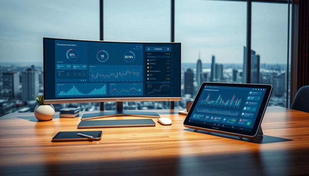 A sleek, minimalist office setup with a large curved ultrawide monitor displaying a dynamic visualization dashboard. The desk is made of polished wood, complemented by brushed aluminum accessories. In the foreground, an AI-powered robo-advisor app on a tablet seamlessly integrates financial data, investment recommendations, and portfolio management tools. The background features a panoramic city skyline, conveying a sense of urban sophistication and technological progress. Soft, directional lighting casts subtle shadows, creating depth and a professional, future-forward atmosphere.