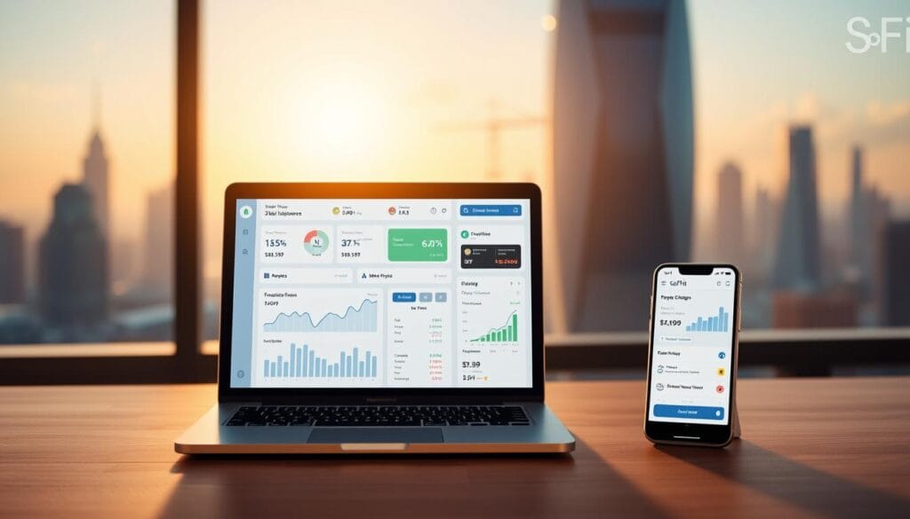 A sleek, minimalist user interface showcasing SoFi's comprehensive financial guidance tools. In the foreground, a laptop display presents a clean dashboard with intuitive graphs, charts, and interactive elements allowing users to track investments, manage budgets, and plan for the future. In the middle ground, a mobile device displays a mobile app version of the same user experience, highlighting SoFi's cross-platform accessibility. The background depicts a serene, futuristic cityscape, suggesting SoFi's forward-thinking approach to personal finance. Warm, natural lighting illuminates the scene, conveying a sense of trust and reliability. The overall atmosphere is one of sophistication, simplicity, and empowerment, reflecting SoFi's mission to help investors achieve their financial goals.