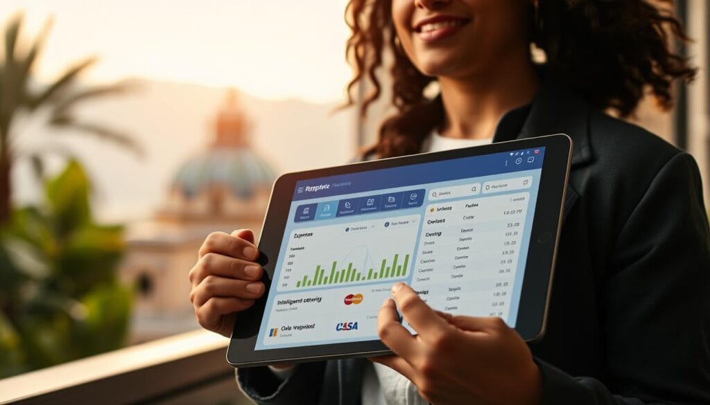 A sleek, modern app dashboard displayed on a tablet device held by a fashionably dressed digital nomad. The interface features intuitive expense tracking tools, intelligent expense categorization, and seamless integration with various payment methods. The background is blurred but suggests a scenic, travel-inspired setting, with hints of lush greenery, architectural details, and a sense of motion, conveying the flexibility and freedom of a location-independent lifestyle. Soft, warm lighting illuminates the scene, creating a sense of comfort and productivity. The overall mood is one of technological sophistication, financial organization, and the joy of exploring the world. A sleek, modern app dashboard displayed on a tablet device held by a fashionably dressed digital nomad. The interface features intuitive expense tracking tools, intelligent expense categorization, and seamless integration with various payment methods. The background is blurred but suggests a scenic, travel-inspired setting, with hints of lush greenery, architectural details, and a sense of motion, conveying the flexibility and freedom of a location-independent lifestyle. Soft, warm lighting illuminates the scene, creating a sense of comfort and productivity. The overall mood is one of technological sophistication, financial organization, and the joy of exploring the world.