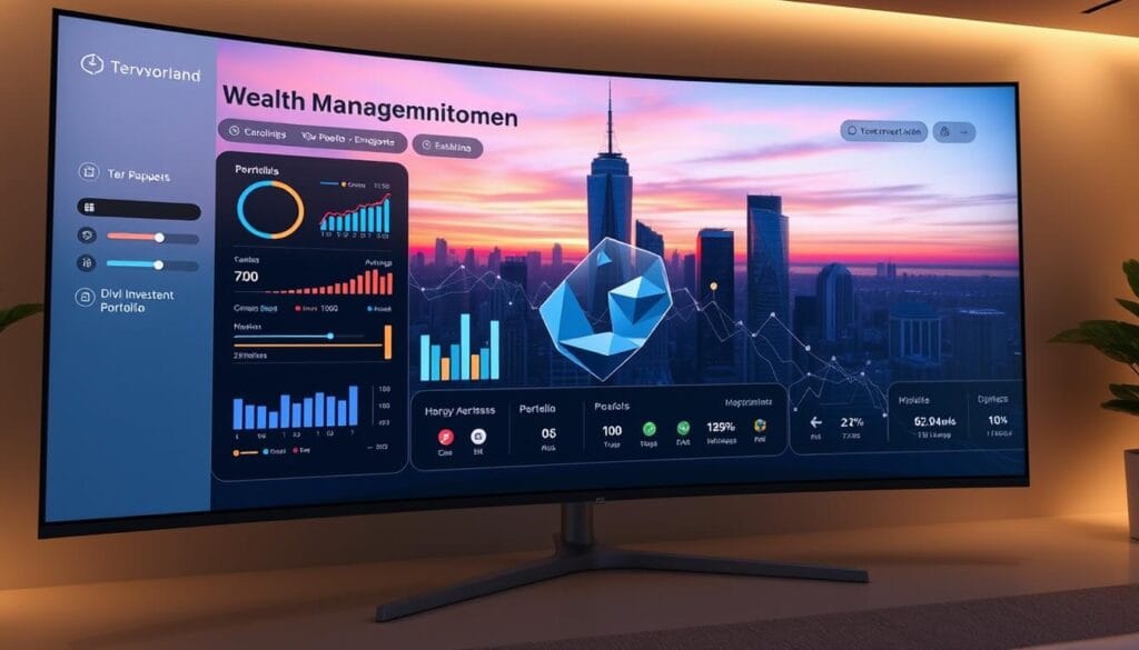 A sleek, modern automated wealth management dashboard displayed on a large curved monitor. The foreground features a clean, minimalist user interface with interactive charts, graphs, and sliders allowing the user to adjust investment strategies and monitor portfolio performance. The middle ground showcases a 3D visualization of a diversified investment portfolio, with assets represented as geometric shapes floating in a serene, low-light environment. The background depicts a panoramic cityscape at dusk, with skyscrapers silhouetted against a vibrant sunset sky, creating a sense of prosperity and technological sophistication. The lighting is soft and warm, creating a welcoming, high-end ambiance. The overall composition conveys a sense of control, efficiency, and financial empowerment. A sleek, modern automated wealth management dashboard displayed on a large curved monitor. The foreground features a clean, minimalist user interface with interactive charts, graphs, and sliders allowing the user to adjust investment strategies and monitor portfolio performance. The middle ground showcases a 3D visualization of a diversified investment portfolio, with assets represented as geometric shapes floating in a serene, low-light environment. The background depicts a panoramic cityscape at dusk, with skyscrapers silhouetted against a vibrant sunset sky, creating a sense of prosperity and technological sophistication. The lighting is soft and warm, creating a welcoming, high-end ambiance. The overall composition conveys a sense of control, efficiency, and financial empowerment.