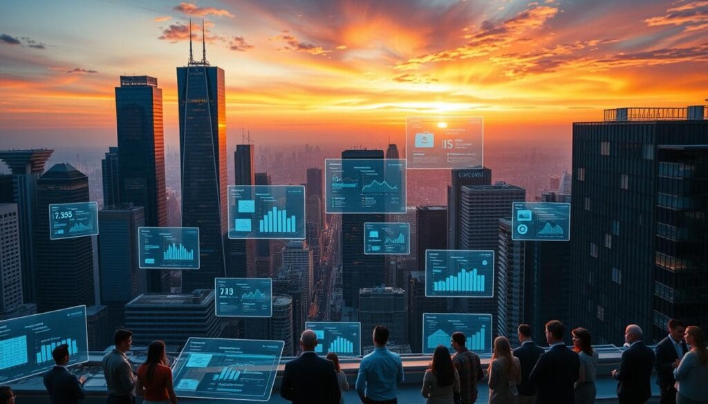 A sleek, modern cityscape with towering skyscrapers and gleaming glass facades, set against a vibrant, sunset-bathed sky. In the foreground, a series of holographic screens and transparent displays showcase various real estate investment platforms, their interactive visualizations and transaction data floating effortlessly in the air. Amidst the urban landscape, groups of prospective investors gather, examining the intuitive interfaces and discussing the potential of this new era of tokenized real estate. The scene exudes a sense of innovation, technological progression, and the promise of a transformed investment landscape.