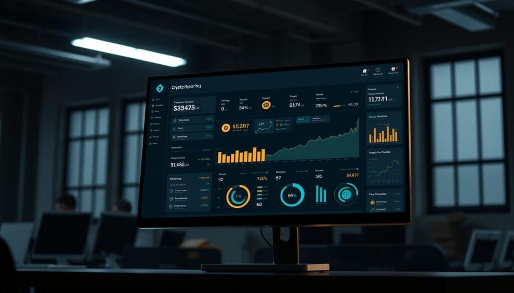 A sleek, modern crypto reporting analytics dashboard displayed on a high-resolution computer monitor, set against a dimly lit, industrial-style office background. The dashboard features clean, data-driven visualizations, charts, and graphs that provide detailed insights into cryptocurrency transactions, portfolio performance, and tax compliance. Soft, indirect lighting from a single overhead source casts a warm glow, creating a focused, productive atmosphere. The composition emphasizes the informative display, with the monitor positioned at a slight angle to draw the viewer's attention. The scene conveys a sense of professional, data-driven cryptocurrency management.