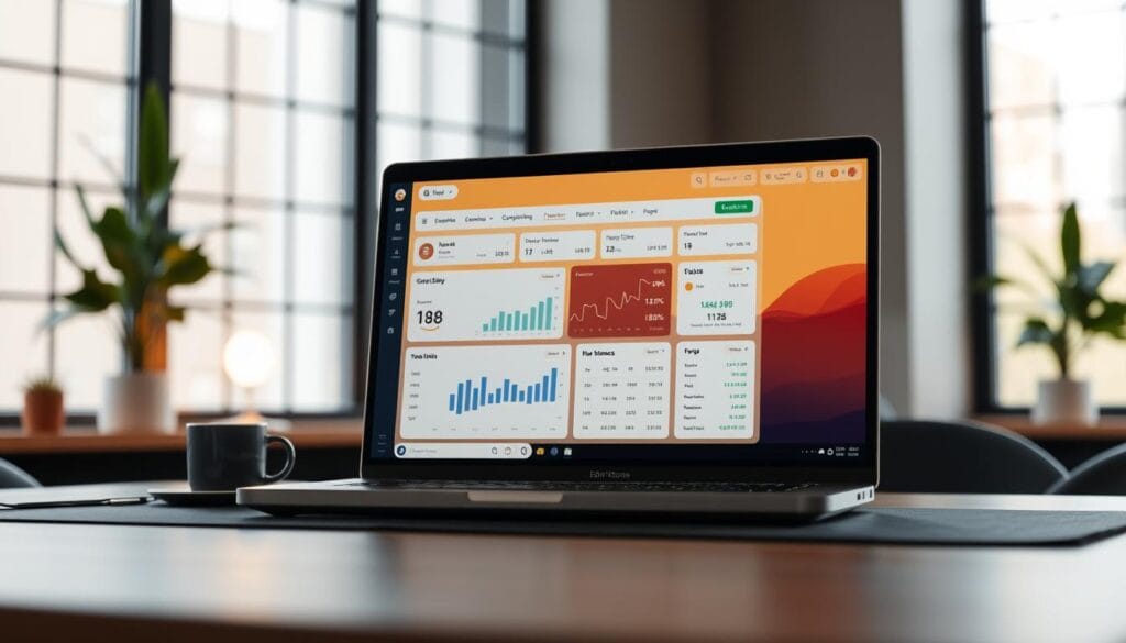 A sleek, modern cryptocurrency tax compliance software application displayed on a stylish, minimalist desk setup. In the foreground, a laptop screen showcases the software's intuitive dashboard, with charts, graphs, and easy-to-navigate menus. The middle ground features a warm-toned, high-resolution render of the software's user interface, highlighting its clean design and attention to detail. In the background, a softly blurred, modern office environment sets the scene, with subtle hints of greenery and natural light filtering in through large windows, creating a calming, professional atmosphere.