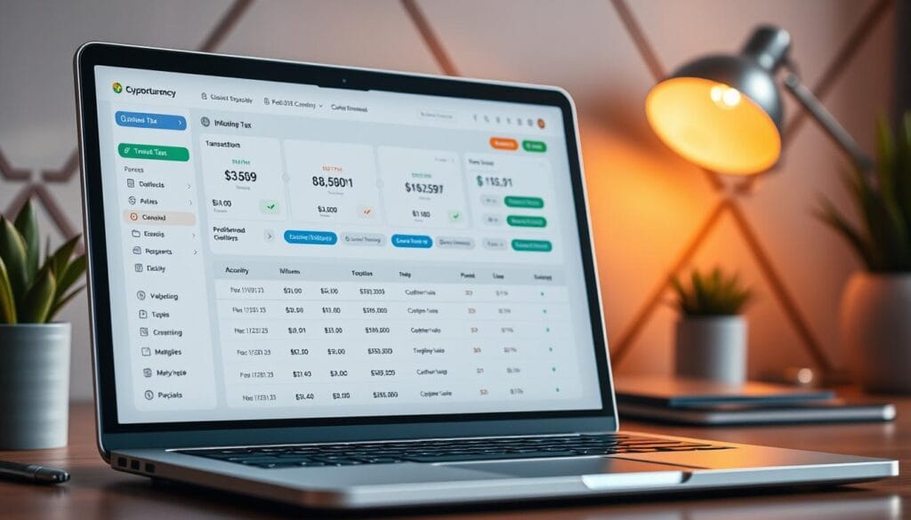 A sleek, modern cryptocurrency tax software interface, displayed on a laptop screen against a backdrop of a workspace with a minimalist geometric design. The software's dashboard shows intuitive tax calculation tools, transaction history, and tax form generation capabilities. The scene is bathed in warm, natural lighting, creating a sense of professionalism and efficiency. The overall composition conveys the ease and reliability of using blockchain-powered tax solutions to simplify the complexities of cryptocurrency taxation. A sleek, modern cryptocurrency tax software interface, displayed on a laptop screen against a backdrop of a workspace with a minimalist geometric design. The software's dashboard shows intuitive tax calculation tools, transaction history, and tax form generation capabilities. The scene is bathed in warm, natural lighting, creating a sense of professionalism and efficiency. The overall composition conveys the ease and reliability of using blockchain-powered tax solutions to simplify the complexities of cryptocurrency taxation.