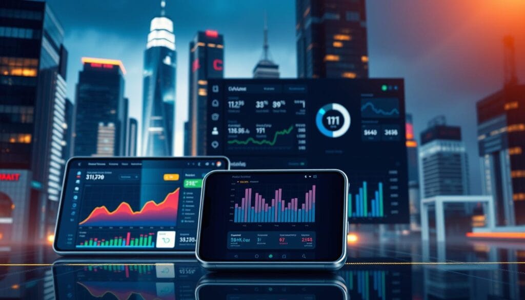A sleek, modern digital interface showcasing financial management tools. In the foreground, a stylized dashboard displays colorful graphs, charts, and interactive data visualizations. The middle ground features a mobile device, its screen reflecting the real-time financial metrics of a user's accounts. In the background, a cityscape of towering skyscrapers and futuristic architecture creates a dynamic, technology-driven atmosphere. Soft, directional lighting casts a warm, inviting glow over the scene, highlighting the seamless integration of finance and digital innovation. The overall mood conveys the efficiency, control, and empowerment of personal and business financial management in the digital age. A sleek, modern digital interface showcasing financial management tools. In the foreground, a stylized dashboard displays colorful graphs, charts, and interactive data visualizations. The middle ground features a mobile device, its screen reflecting the real-time financial metrics of a user's accounts. In the background, a cityscape of towering skyscrapers and futuristic architecture creates a dynamic, technology-driven atmosphere. Soft, directional lighting casts a warm, inviting glow over the scene, highlighting the seamless integration of finance and digital innovation. The overall mood conveys the efficiency, control, and empowerment of personal and business financial management in the digital age.