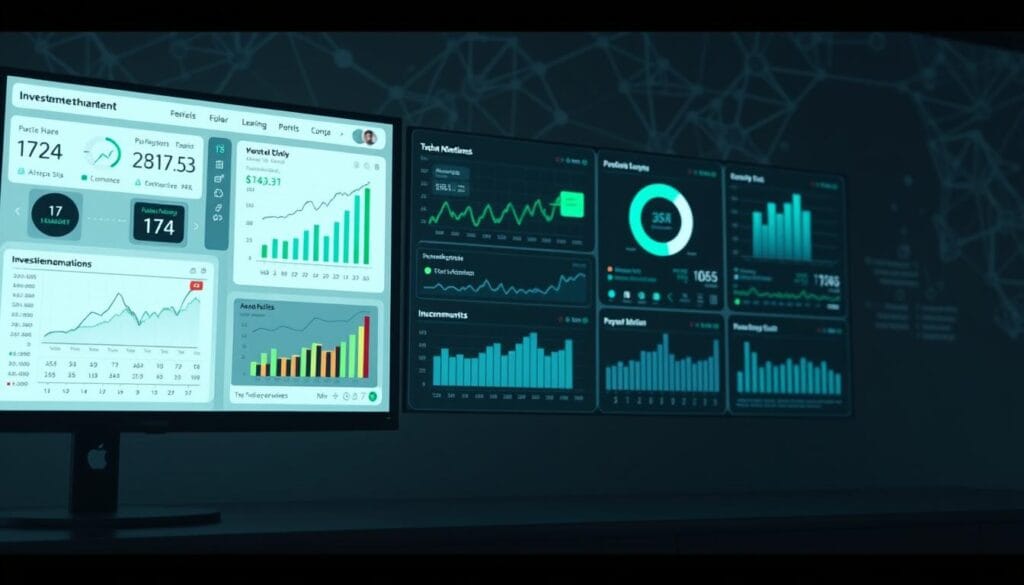 A sleek, modern digital investment management dashboard with a clean, minimalist interface. In the foreground, various financial charts, graphs, and analytics are displayed on high-resolution screens, showcasing key investment metrics and performance data. The middle ground features intuitive navigation tools, portfolio management widgets, and personalized recommendations tailored to the user's financial goals and risk profile. In the background, a subtle pattern of interconnected data nodes and algorithmically-driven investment strategies creates a sense of technological sophistication and data-driven decision-making. The overall scene is illuminated by soft, diffused lighting, conveying a sense of confidence and control in managing one's financial future through the power of robo-advisory tools.
