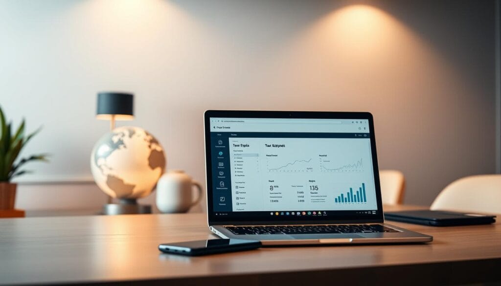 A sleek, modern digital workspace showcasing an expat tax software suite. In the foreground, a minimalist laptop display shows a clean, intuitive user interface with charts, forms, and interactive tools. On the desk, a smartphone and a pen rest alongside the laptop, creating a productive, tech-savvy atmosphere. The middle ground features a stylized 3D globe, subtly nodding to the global nature of expat tax filing. The background is a softly lit, contemporary office setting with muted colors and clean lines, evoking a sense of professionalism and efficiency. Warm, indirect lighting casts a gentle glow, creating a welcoming and trustworthy ambiance for an expat to manage their taxes digitally. A sleek, modern digital workspace showcasing an expat tax software suite. In the foreground, a minimalist laptop display shows a clean, intuitive user interface with charts, forms, and interactive tools. On the desk, a smartphone and a pen rest alongside the laptop, creating a productive, tech-savvy atmosphere. The middle ground features a stylized 3D globe, subtly nodding to the global nature of expat tax filing. The background is a softly lit, contemporary office setting with muted colors and clean lines, evoking a sense of professionalism and efficiency. Warm, indirect lighting casts a gentle glow, creating a welcoming and trustworthy ambiance for an expat to manage their taxes digitally.