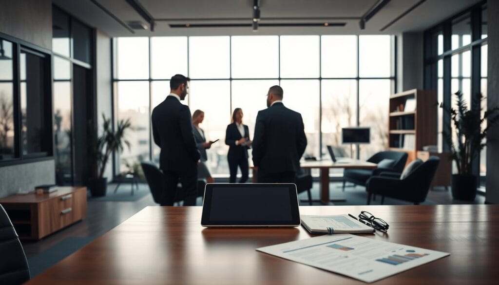 A sleek, modern financial advisory office interior. In the foreground, a stylish wooden desk with a tablet and documents, representing the integration of traditional financial advisory services with digital investment tools. In the middle ground, a team of advisors discussing investment strategies with clients, their faces obscured to maintain privacy. The background features floor-to-ceiling windows, allowing natural light to flood the space and create a warm, inviting atmosphere. The office is designed with clean lines, muted tones, and minimalist decor, conveying a sense of professionalism and efficiency. The overall scene depicts the harmonious blend of human expertise and technological innovation in the evolving world of financial planning. A sleek, modern financial advisory office interior. In the foreground, a stylish wooden desk with a tablet and documents, representing the integration of traditional financial advisory services with digital investment tools. In the middle ground, a team of advisors discussing investment strategies with clients, their faces obscured to maintain privacy. The background features floor-to-ceiling windows, allowing natural light to flood the space and create a warm, inviting atmosphere. The office is designed with clean lines, muted tones, and minimalist decor, conveying a sense of professionalism and efficiency. The overall scene depicts the harmonious blend of human expertise and technological innovation in the evolving world of financial planning.