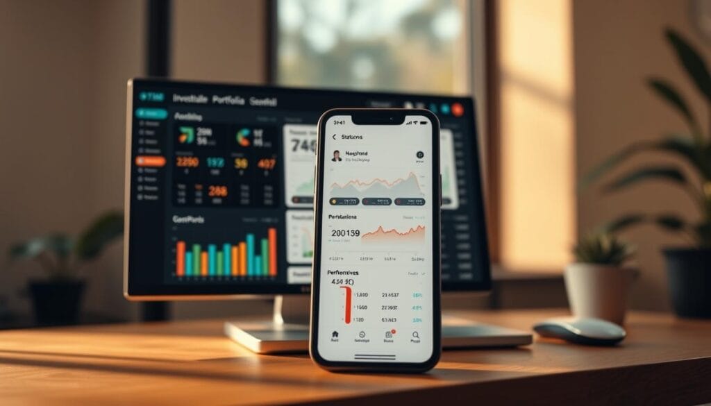 A sleek, modern financial dashboard displaying investment portfolio management tools. In the foreground, a responsive mobile app interface showcases various features such as asset allocation, performance tracking, and risk analysis. The middle ground reveals a desktop application with a clean, intuitive layout for detailed portfolio oversight. In the background, a series of line graphs and charts visualize market trends and investment growth over time. Warm, natural lighting illuminates the scene, creating a sense of sophistication and professionalism. The overall atmosphere conveys a seamless, user-friendly experience for managing sustainable investments on-the-go. A sleek, modern financial dashboard displaying investment portfolio management tools. In the foreground, a responsive mobile app interface showcases various features such as asset allocation, performance tracking, and risk analysis. The middle ground reveals a desktop application with a clean, intuitive layout for detailed portfolio oversight. In the background, a series of line graphs and charts visualize market trends and investment growth over time. Warm, natural lighting illuminates the scene, creating a sense of sophistication and professionalism. The overall atmosphere conveys a seamless, user-friendly experience for managing sustainable investments on-the-go.