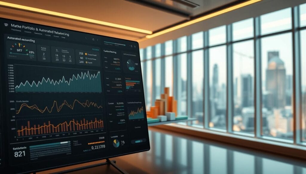 A sleek, modern financial dashboard displays a dynamic portfolio rebalancing interface. In the foreground, intricate graphs and charts visualize the effects of automated rebalancing, with intuitive controls and sliders allowing for fine-tuned adjustments. The middle ground features a 3D-rendered model of a diversified investment portfolio, its assets dynamically rebalancing in real-time. The background depicts a minimalist, high-tech office setting, with floor-to-ceiling windows overlooking a bustling city skyline. Warm, diffused lighting casts a professional, authoritative atmosphere, emphasizing the precision and sophistication of the automated portfolio management system. A sleek, modern financial dashboard displays a dynamic portfolio rebalancing interface. In the foreground, intricate graphs and charts visualize the effects of automated rebalancing, with intuitive controls and sliders allowing for fine-tuned adjustments. The middle ground features a 3D-rendered model of a diversified investment portfolio, its assets dynamically rebalancing in real-time. The background depicts a minimalist, high-tech office setting, with floor-to-ceiling windows overlooking a bustling city skyline. Warm, diffused lighting casts a professional, authoritative atmosphere, emphasizing the precision and sophistication of the automated portfolio management system.
