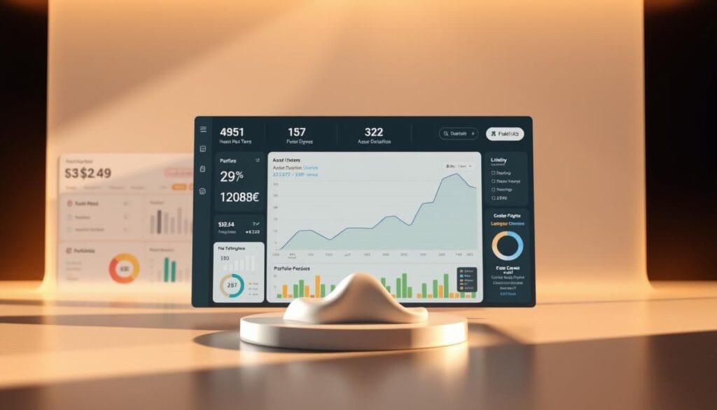 A sleek, modern financial dashboard showcasing the key features of Fidelity Go's portfolio management. In the foreground, a clean, minimalist user interface displays various investment metrics and analytics, with intuitive visualizations and charts. The middle ground features a 3D model of a graph showing asset allocation and performance, rendered in a soft, muted color palette. The background blends a subtle geometric pattern with a sense of depth, creating an elegant, tech-forward ambiance. Warm, directional lighting casts gentle shadows, highlighting the streamlined design and fostering a sense of professionalism and expertise. The overall scene conveys the efficient, user-friendly nature of Fidelity Go's portfolio management capabilities.