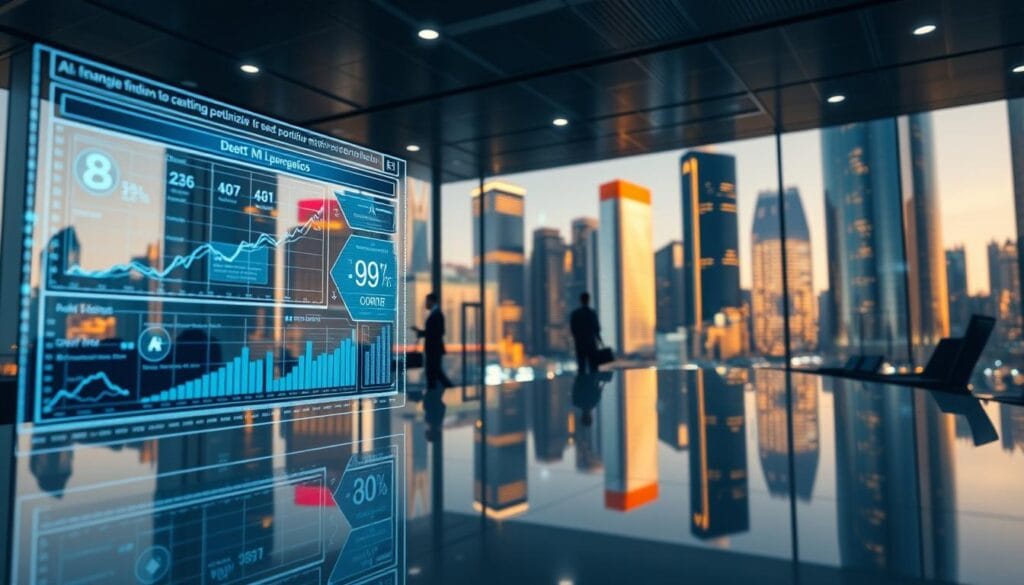 A sleek, modern financial office filled with advanced AI-powered systems. In the foreground, a holographic display showcases real-time data analytics, algorithms optimizing debt portfolios. Mid-ground, a team of financial analysts collaborates seamlessly, their movements reflected in a glossy, minimalist workspace. The background features towering skyscrapers, a vibrant cityscape bathed in warm, golden lighting, symbolizing the efficiency and prosperity enabled by AI-driven financial management. Cinematic depth of field, clean lines, and a sense of technological sophistication pervade the scene. A sleek, modern financial office filled with advanced AI-powered systems. In the foreground, a holographic display showcases real-time data analytics, algorithms optimizing debt portfolios. Mid-ground, a team of financial analysts collaborates seamlessly, their movements reflected in a glossy, minimalist workspace. The background features towering skyscrapers, a vibrant cityscape bathed in warm, golden lighting, symbolizing the efficiency and prosperity enabled by AI-driven financial management. Cinematic depth of field, clean lines, and a sense of technological sophistication pervade the scene.