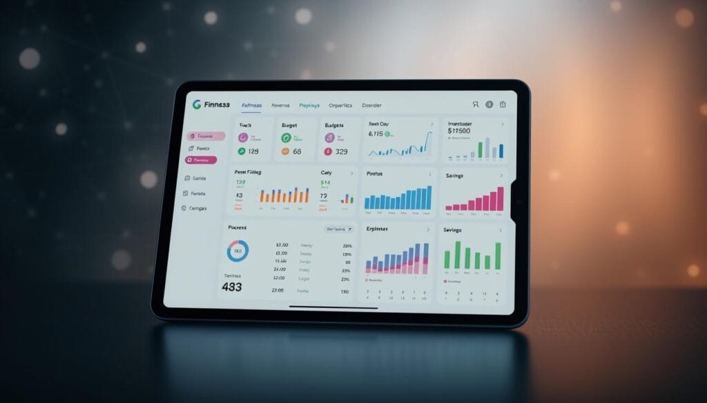A sleek, modern fintech app interface displayed on a high-resolution tablet device, showcasing a clean and intuitive user experience. The foreground features a well-organized dashboard with interactive tiles for expense tracking, budgeting, and money transfer functions. The middle ground depicts detailed charts and graphs illustrating personal finance metrics, investment portfolios, and savings progress. The background subtly blends digital elements like a subdued holo-grid pattern and subtle lighting effects, creating a sense of technological sophistication. The overall aesthetic conveys a calm, professional, and user-friendly atmosphere tailored for the modern finance-conscious individual. A sleek, modern fintech app interface displayed on a high-resolution tablet device, showcasing a clean and intuitive user experience. The foreground features a well-organized dashboard with interactive tiles for expense tracking, budgeting, and money transfer functions. The middle ground depicts detailed charts and graphs illustrating personal finance metrics, investment portfolios, and savings progress. The background subtly blends digital elements like a subdued holo-grid pattern and subtle lighting effects, creating a sense of technological sophistication. The overall aesthetic conveys a calm, professional, and user-friendly atmosphere tailored for the modern finance-conscious individual.