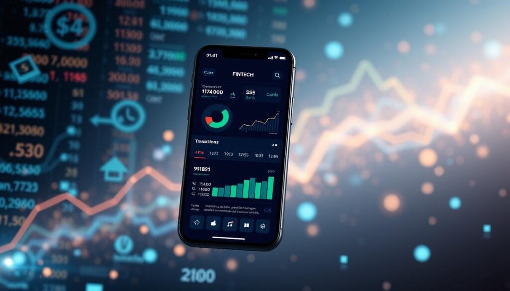 A sleek, modern fintech app interface floating against a backdrop of holographic financial data and currency symbols. In the foreground, a clean-lined mobile device displays a variety of intuitive money management tools, investment options, and transaction records. The middle ground is filled with shimmering digital ledgers, pie charts, and line graphs, conveying the complexity and power of fintech's data-driven capabilities. The background is a soft, ethereal landscape of light and code, suggesting the boundless potential of financial technology to transform the way we save, invest, and build wealth in the future.