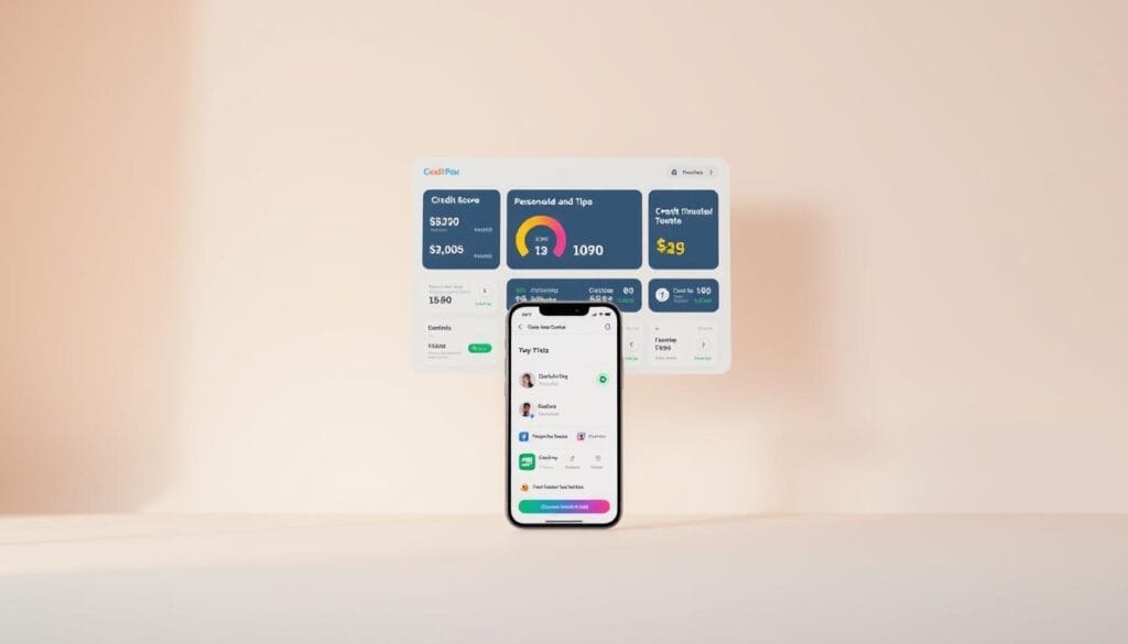 A sleek, modern fintech app interface floats against a clean, minimalist background. The app's dashboard displays credit score metrics, personalized tips, and financial optimization tools. A warm, subtle lighting highlights the app's crisp typography and intuitive UI design. In the middle ground, a smartphone with the app open showcases its easy-to-navigate features, empowering users to monitor and improve their credit effortlessly. The overall scene conveys a sense of clarity, control, and financial empowerment enabled by the innovative credit score management technology.