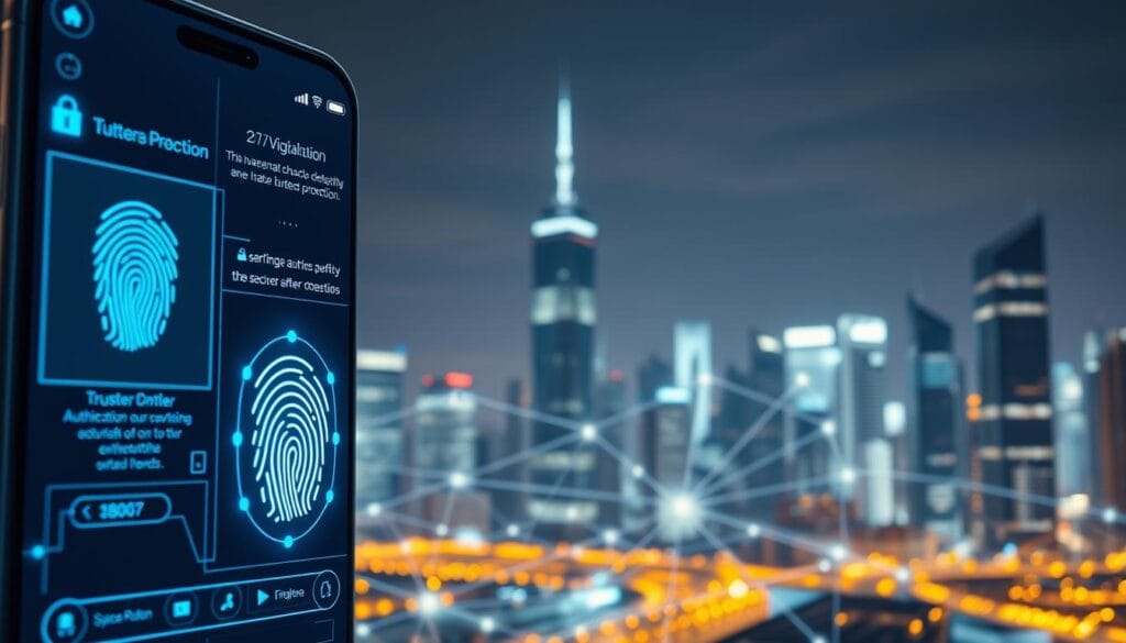 A sleek, modern fintech app interface showcases robust cybersecurity features. In the foreground, a fingerprint scanner and two-factor authentication UI elements instill a sense of trustworthy protection. The middle ground depicts a secure network of encrypted data flows, visualized through glowing lines and geometric forms. In the background, a city skyline at night reflects the app's 24/7 vigilance, with skyscrapers illuminated by a cool, blue-tinted lighting. An atmosphere of technological sophistication and unwavering digital safeguards pervades the scene, conveying the app's commitment to investment portfolio safety.