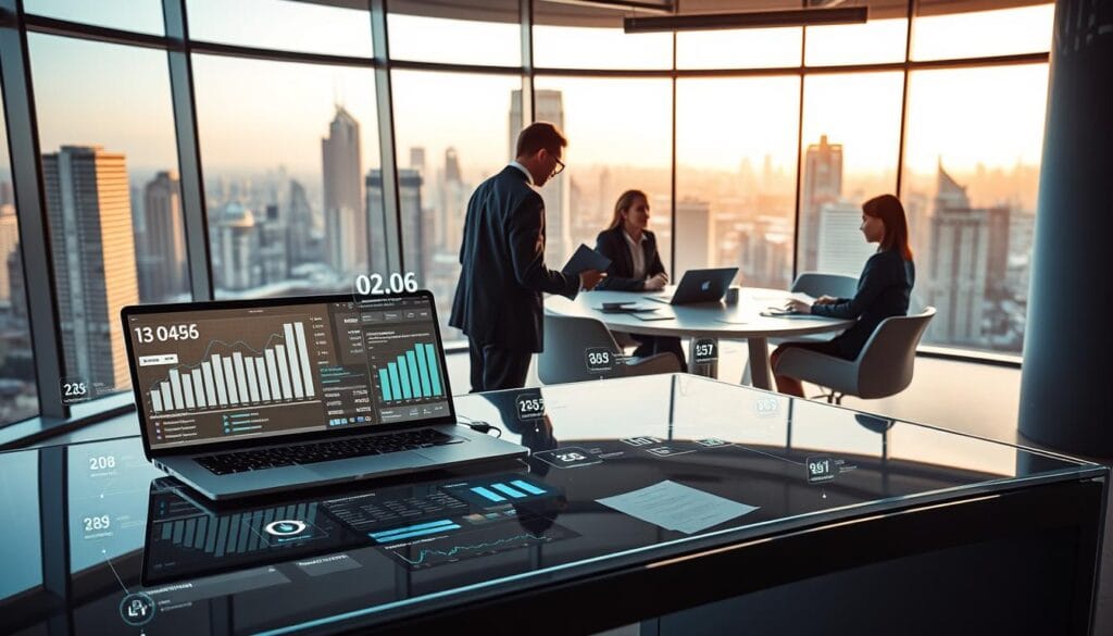 A sleek, modern fintech office interior with floor-to-ceiling windows overlooking a futuristic cityscape. In the foreground, a glass-topped desk hosts a laptop, tablet, and other digital loan management tools. Holographic interfaces flicker with financial data and intuitive visualizations. In the middle ground, stylishly-dressed professionals collaborate around a curved conference table, examining loan reports on their screens. The background bathes in warm, indirect lighting, creating a calm, productive atmosphere conducive to financial planning and decision-making. The overall scene conveys efficiency, innovation, and a seamless integration of technology into the student loan management experience. A sleek, modern fintech office interior with floor-to-ceiling windows overlooking a futuristic cityscape. In the foreground, a glass-topped desk hosts a laptop, tablet, and other digital loan management tools. Holographic interfaces flicker with financial data and intuitive visualizations. In the middle ground, stylishly-dressed professionals collaborate around a curved conference table, examining loan reports on their screens. The background bathes in warm, indirect lighting, creating a calm, productive atmosphere conducive to financial planning and decision-making. The overall scene conveys efficiency, innovation, and a seamless integration of technology into the student loan management experience.