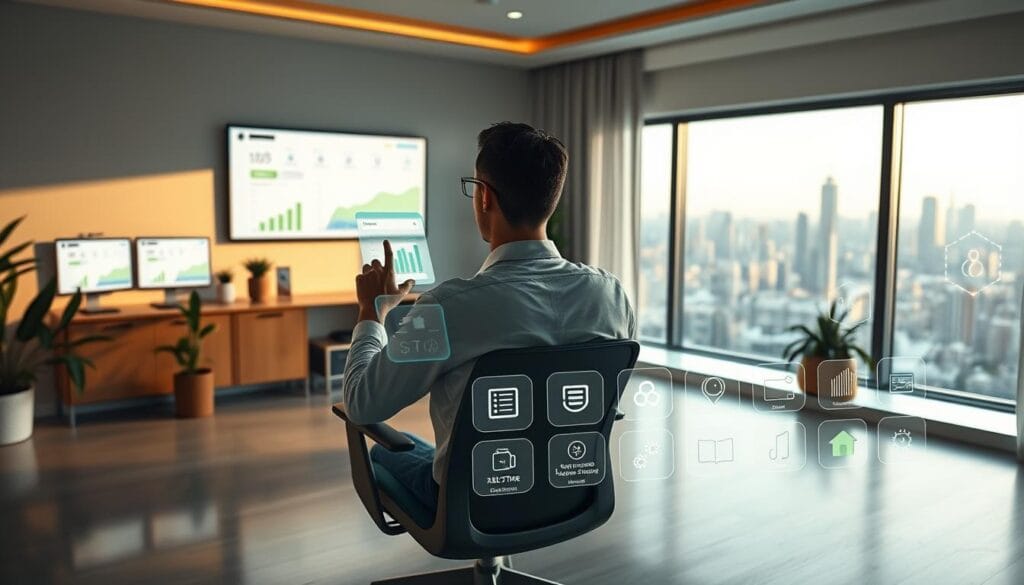A sleek, modern home office in 2025, filled with the latest budgeting apps displayed on high-resolution screens. Soft, diffused lighting illuminates the minimalist desk and ergonomic chair, creating a serene and focused atmosphere. The room is decorated with plant life and natural textures, reflecting a balance between technology and nature. In the foreground, a user interacts with a holographic interface, seamlessly managing their personal finances in real-time. The middle ground showcases a variety of budgeting app icons, each with intuitive visualizations and AI-powered insights. The background features a panoramic view of a futuristic city skyline, hinting at the broader context of the real-time budgeting revolution. A sleek, modern home office in 2025, filled with the latest budgeting apps displayed on high-resolution screens. Soft, diffused lighting illuminates the minimalist desk and ergonomic chair, creating a serene and focused atmosphere. The room is decorated with plant life and natural textures, reflecting a balance between technology and nature. In the foreground, a user interacts with a holographic interface, seamlessly managing their personal finances in real-time. The middle ground showcases a variety of budgeting app icons, each with intuitive visualizations and AI-powered insights. The background features a panoramic view of a futuristic city skyline, hinting at the broader context of the real-time budgeting revolution.
