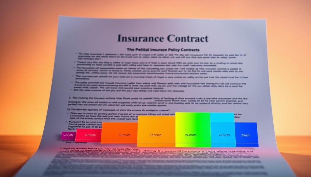 A sleek, modern insurance policy contract with a vibrant, colorful timeline visualization. In the foreground, a series of semi-transparent, overlapping rectangles depict different policy duration options, such as 6-month, 12-month, and 24-month plans. The background features a soft, warm-toned color gradient, creating a professional, trustworthy atmosphere. The lighting is natural, with subtle shadows and highlights accentuating the document's details. The composition is balanced, with the policy duration options taking center stage, conveying a clear understanding of the coverage period and validity.