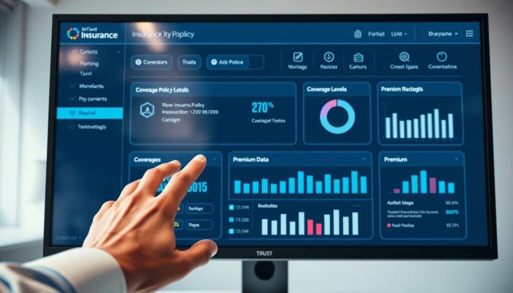 A sleek, modern insurance policy management software dashboard displayed on a high-resolution computer monitor. Crisp UI elements in shades of blue and gray create a clean, professional look. Icons and graphs visualize key policy details, coverage levels, and premium data. The lighting is soft and indirect, creating an atmosphere of trust and reliability. The camera angle captures the software in use, with a human hand interacting with the touchscreen interface. The background is blurred, keeping the focus on the software's intuitive design and user-friendly functionality. A sleek, modern insurance policy management software dashboard displayed on a high-resolution computer monitor. Crisp UI elements in shades of blue and gray create a clean, professional look. Icons and graphs visualize key policy details, coverage levels, and premium data. The lighting is soft and indirect, creating an atmosphere of trust and reliability. The camera angle captures the software in use, with a human hand interacting with the touchscreen interface. The background is blurred, keeping the focus on the software's intuitive design and user-friendly functionality.