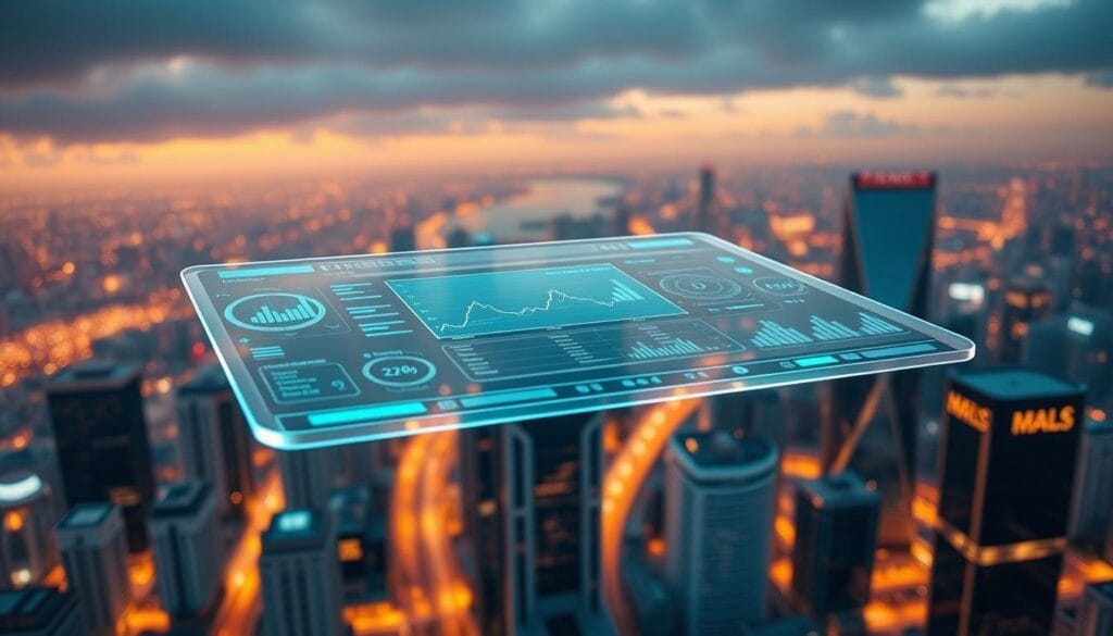 A sleek, modern investment management interface hovers above a futuristic cityscape, its holographic displays and intuitive controls reflecting the cutting-edge AI-driven technology powering its sophisticated financial analysis and portfolio optimization. The interface's clean, minimalist design exudes a sense of confidence and efficiency, while the city backdrop evokes a vision of a thriving, technologically advanced financial hub. Warm ambient lighting casts a subtle glow, and the camera angle is positioned to showcase the tool's elegance and seamless integration with the urban landscape, conveying the power of AI to revolutionize the world of investment management.