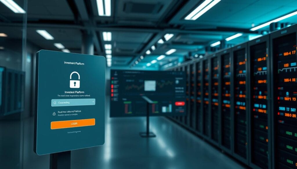 A sleek, modern investment platform interface with robust security protocols. In the foreground, a user's login screen with multi-factor authentication options like biometrics and secure tokens. In the middle ground, a dashboard displaying real-time market data and portfolio analytics, protected by enterprise-grade encryption. In the background, a complex network of servers and firewalls, meticulously configured to safeguard sensitive financial information. Soft lighting and clean, minimalist design convey a sense of trust and reliability. The overall scene should evoke a high-tech, secure digital environment tailored for savvy investors. A sleek, modern investment platform interface with robust security protocols. In the foreground, a user's login screen with multi-factor authentication options like biometrics and secure tokens. In the middle ground, a dashboard displaying real-time market data and portfolio analytics, protected by enterprise-grade encryption. In the background, a complex network of servers and firewalls, meticulously configured to safeguard sensitive financial information. Soft lighting and clean, minimalist design convey a sense of trust and reliability. The overall scene should evoke a high-tech, secure digital environment tailored for savvy investors.