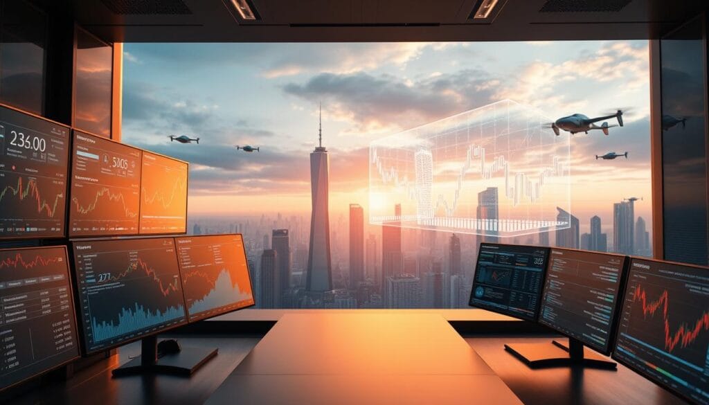 A sleek, modern investment platform with a clean, minimal user interface. In the foreground, an array of investment tools and indicators are displayed on a series of high-resolution screens, showcasing real-time market data, portfolio management features, and advanced trading functionalities. The middle ground features a sophisticated 3D holographic projection of various financial instruments, allowing for intuitive visualization and analysis. In the background, a panoramic view of a futuristic cityscape with towering skyscrapers and hover vehicles creates a sense of technological sophistication and progress. The lighting is warm and ambient, creating a professional and trustworthy atmosphere, while the camera angle is slightly elevated to convey a sense of authority and comprehensive control over the investment landscape.