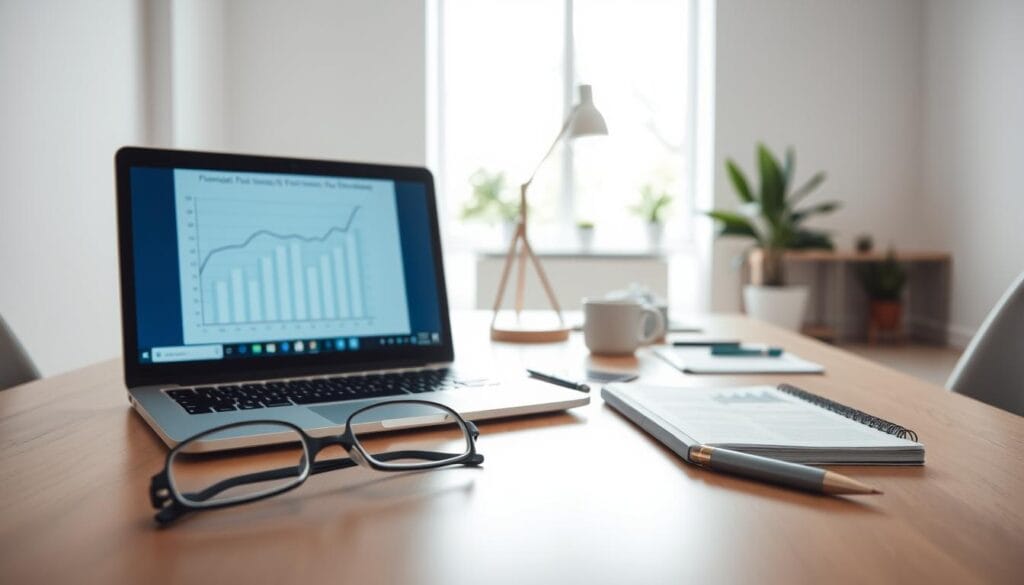 A sleek, modern office desk with a laptop, tablet, and various financial planning tools laid out neatly. In the foreground, a pair of eyeglasses, a pen, and a financial planner's notebook sit atop the desk. The middle ground features a minimalist desk lamp and a stylized graph or chart displayed on the laptop screen. The background showcases a minimalist, well-lit office environment with clean lines, neutral tones, and hints of greenery through a large window. The lighting is soft and natural, creating a calm, professional atmosphere suitable for financial planning and retirement optimizations.