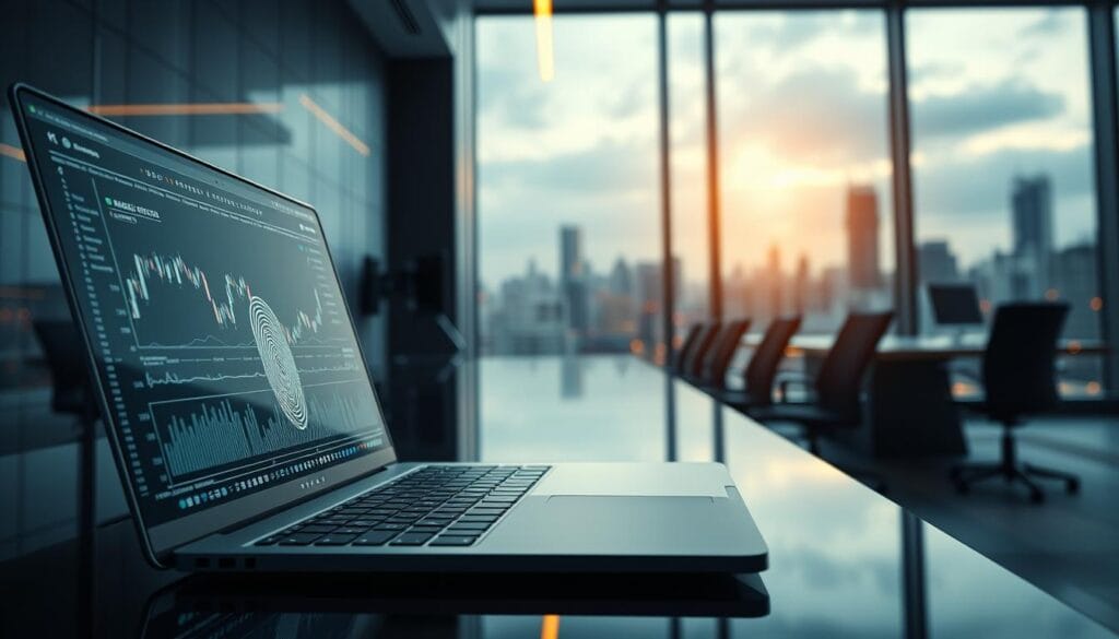 A sleek, modern office environment with a focus on financial data security. In the foreground, a laptop displays intricate graphs and charts, secured by a biometric fingerprint sensor. The middle-ground features an array of digital security protocols, including a blockchain-powered authentication system and encrypted data transmission. In the background, subtle neon-tinged lighting casts an air of sophistication, while a sprawling cityscape beyond the windows hints at the global scale of the fintech industry. The overall mood conveys a sense of technological prowess, regulatory compliance, and unwavering data protection. A sleek, modern office environment with a focus on financial data security. In the foreground, a laptop displays intricate graphs and charts, secured by a biometric fingerprint sensor. The middle-ground features an array of digital security protocols, including a blockchain-powered authentication system and encrypted data transmission. In the background, subtle neon-tinged lighting casts an air of sophistication, while a sprawling cityscape beyond the windows hints at the global scale of the fintech industry. The overall mood conveys a sense of technological prowess, regulatory compliance, and unwavering data protection.