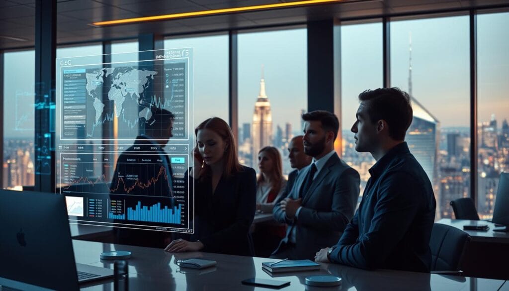 A sleek, modern office filled with cutting-edge fintech tools. In the foreground, a holographic display shows real-time market data, with AI-powered analytics overlays. In the middle ground, a team of financial analysts intently study the visualizations, their faces illuminated by the glow of their screens. The background features floor-to-ceiling windows, offering a panoramic view of a bustling financial district. The lighting is soft and ambient, creating a sense of focus and technological sophistication. The overall atmosphere conveys the power and innovation driving the future of fintech applications. A sleek, modern office filled with cutting-edge fintech tools. In the foreground, a holographic display shows real-time market data, with AI-powered analytics overlays. In the middle ground, a team of financial analysts intently study the visualizations, their faces illuminated by the glow of their screens. The background features floor-to-ceiling windows, offering a panoramic view of a bustling financial district. The lighting is soft and ambient, creating a sense of focus and technological sophistication. The overall atmosphere conveys the power and innovation driving the future of fintech applications.