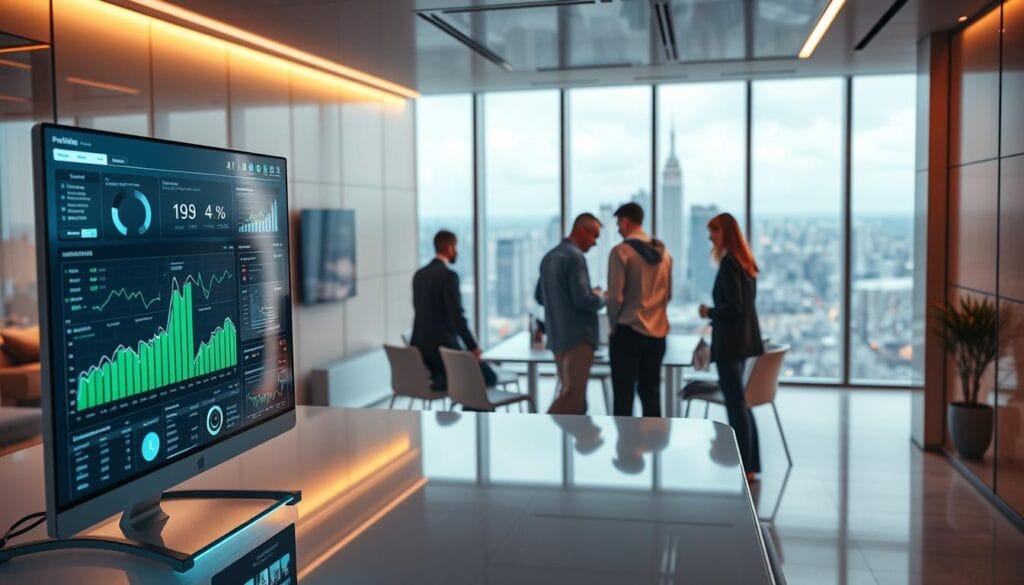 A sleek, modern office interior bathed in warm, ambient lighting. In the foreground, a high-tech computer display showcases a dynamic cash flow forecasting dashboard, data visualizations, and AI-powered analytical tools. In the middle ground, a team of business analysts huddle around a conference table, engaged in deep discussion as they interpret the AI-generated insights. In the background, floor-to-ceiling windows offer a panoramic view of a bustling cityscape, symbolizing the real-world impact of this transformative technology. The scene conveys a sense of innovation, collaboration, and the future of financial planning.
