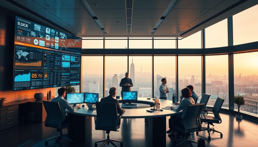 A sleek, modern office interior with a focus on automated compliance systems. In the foreground, a series of interconnected screens displaying real-time data analytics, risk management dashboards, and fraud detection alerts. The middle ground features a team of professionals collaborating around a large, curved conference table, closely monitoring the systems. The background showcases floor-to-ceiling windows, offering a panoramic city skyline view bathed in warm, diffused lighting. The overall atmosphere conveys a sense of efficiency, security, and technological sophistication, perfectly suited for the "Automated Risk Mitigation and Fraud Detection" section of the article. A sleek, modern office interior with a focus on automated compliance systems. In the foreground, a series of interconnected screens displaying real-time data analytics, risk management dashboards, and fraud detection alerts. The middle ground features a team of professionals collaborating around a large, curved conference table, closely monitoring the systems. The background showcases floor-to-ceiling windows, offering a panoramic city skyline view bathed in warm, diffused lighting. The overall atmosphere conveys a sense of efficiency, security, and technological sophistication, perfectly suited for the "Automated Risk Mitigation and Fraud Detection" section of the article.