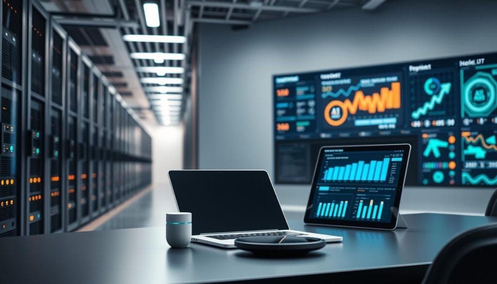 A sleek, modern office interior with a focus on efficiency and automation. In the foreground, a desk with a laptop, a tablet, and a smart assistant device, all working in seamless harmony. The background features rows of server racks, blinking lights, and a large display panel showcasing AI-driven analytics and insights. Soft, directional lighting illuminates the scene, creating a professional, high-tech atmosphere. The overall composition emphasizes the integration of cutting-edge technology to streamline and optimize workflows, reflecting the theme of "Enhancing Efficiency through AI-Driven Automation".