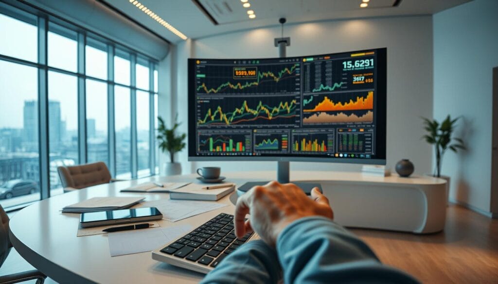 A sleek, modern office interior with a large, curved desk dominated by a state-of-the-art computer monitor displaying intricate financial charts and graphs. The desk is cluttered with papers, pens, and a tablet, creating a sense of active analysis and decision-making. Ambient lighting from floor-to-ceiling windows casts a warm glow, while a minimalist, high-tech aesthetic pervades the space. In the foreground, a hand hovers over the keyboard, representing the human element guiding the machine learning algorithms that power the investment strategies on the screen. The overall tone is one of precision, innovation, and the seamless integration of human and artificial intelligence in the world of finance.