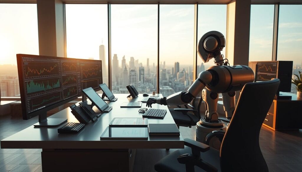 A sleek, modern office interior with a large desk featuring an array of high-tech computer monitors, tablets, and other financial analysis tools. The desk is positioned in front of a full-length window overlooking a dynamic city skyline, bathed in warm, golden afternoon light. In the foreground, various financial charts, graphs, and algorithmic trading patterns are displayed on the screens, while the middle ground shows a sophisticated robotic arm meticulously constructing and adjusting a diversified investment portfolio. The background features a minimalist, clean-lined decor with neutral tones and subtle technological accents, conveying a sense of efficiency, precision, and cutting-edge financial technology. A sleek, modern office interior with a large desk featuring an array of high-tech computer monitors, tablets, and other financial analysis tools. The desk is positioned in front of a full-length window overlooking a dynamic city skyline, bathed in warm, golden afternoon light. In the foreground, various financial charts, graphs, and algorithmic trading patterns are displayed on the screens, while the middle ground shows a sophisticated robotic arm meticulously constructing and adjusting a diversified investment portfolio. The background features a minimalist, clean-lined decor with neutral tones and subtle technological accents, conveying a sense of efficiency, precision, and cutting-edge financial technology.