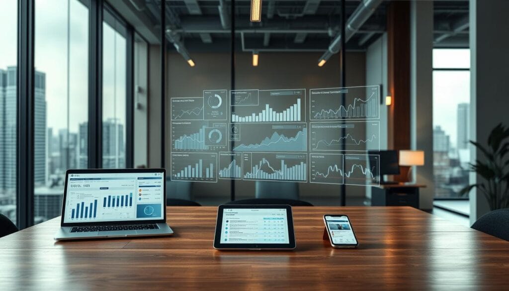A sleek, modern office interior with a large glass window overlooking a cityscape. In the foreground, a wooden desk features an array of digital devices - a laptop, tablet, and smartphone - all displaying various portfolio management dashboards and analytics. The middle ground showcases a 3D holographic projection of investment portfolios, charts, and graphs, creating an immersive visual experience. The background is softly lit, with subtle industrial-style lighting fixtures and a minimalist decor, evoking a professional, high-tech atmosphere conducive to financial planning and decision-making.