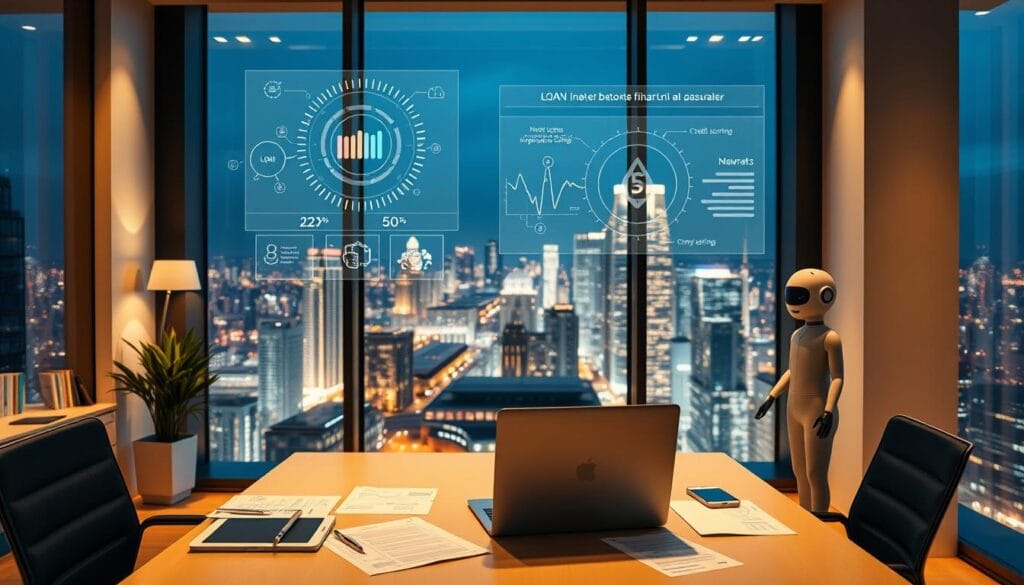 A sleek, modern office interior with a large window overlooking a vibrant cityscape. In the foreground, a desk with a laptop and various financial documents. Holograms and data visualizations float above the desk, illustrating complex credit scoring algorithms and loan processing workflows. A digital assistant stands beside the desk, ready to assist the user. Warm, indirect lighting creates a professional yet inviting atmosphere. The scene conveys the seamless integration of AI-powered financial services into the modern workspace. A sleek, modern office interior with a large window overlooking a vibrant cityscape. In the foreground, a desk with a laptop and various financial documents. Holograms and data visualizations float above the desk, illustrating complex credit scoring algorithms and loan processing workflows. A digital assistant stands beside the desk, ready to assist the user. Warm, indirect lighting creates a professional yet inviting atmosphere. The scene conveys the seamless integration of AI-powered financial services into the modern workspace.