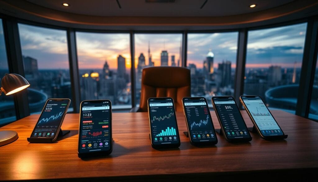 A sleek, modern office interior with a panoramic window overlooking a cityscape at dusk. In the foreground, a wooden desk displays multiple smartphone screens showcasing various crypto portfolio tracker apps side-by-side, their interfaces glowing with information and charts. Ambient lighting from desk lamps and the cityscape outside creates a warm, focused atmosphere. The middle ground features a high-backed leather chair, hinting at the user engrossed in monitoring their diverse digital asset holdings. The background depicts a skyline of gleaming skyscrapers, reflecting the vibrant, ever-evolving world of cryptocurrency.