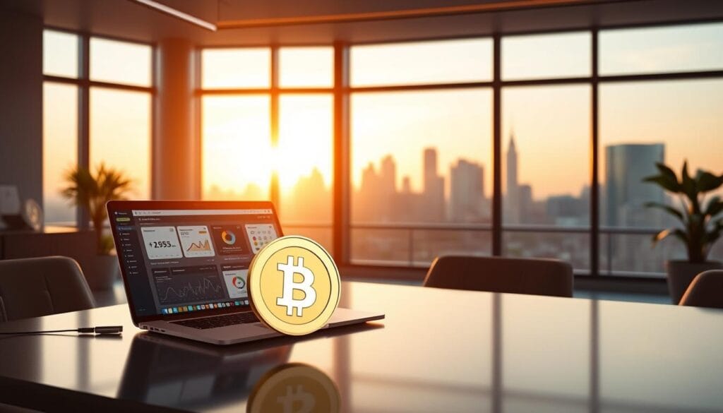 A sleek, modern office interior with a warm, inviting atmosphere. On the desk, a laptop displays a digital dashboard with various crypto tax automation tools, their interfaces showcasing intuitive data visualizations and analytical capabilities. In the foreground, a stylized 3D crypto token floats, casting a soft, ambient glow. Through the large windows, the city skyline is visible, bathed in the golden hour light. The scene conveys a sense of technological proficiency, financial responsibility, and seamless crypto tax reporting.