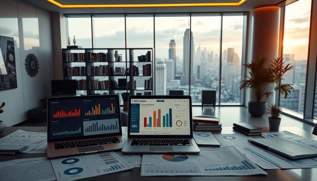 A sleek, modern office interior with an expansive desk showcasing various financial reports, charts, and graphs. In the foreground, a laptop displays an ESG (Environmental, Social, and Governance) analysis dashboard, with detailed metrics and color-coded indicators. The middle ground features a well-stocked bookshelf, with titles on investment strategies, portfolio management, and sustainable finance. Warm, directional lighting illuminates the scene, creating a professional and analytical atmosphere. The background is a floor-to-ceiling window, offering a panoramic view of a bustling city skyline, symbolizing the global scale of ESG investment considerations.