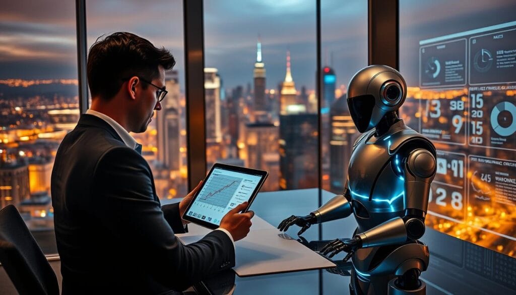 A sleek, modern office interior with an expansive glass wall overlooking a bustling city skyline. In the foreground, a well-dressed individual is seated at a stylish desk, intently focused on a tablet displaying financial data and AI-generated insights. The lighting is warm and ambient, creating a sense of productivity and professionalism. The middle ground features a state-of-the-art personal finance assistant robot, its metallic form seamlessly integrated into the office environment. In the background, holographic displays and digital dashboards provide a futuristic, high-tech atmosphere, showcasing the advanced AI capabilities powering the personal finance assistance.