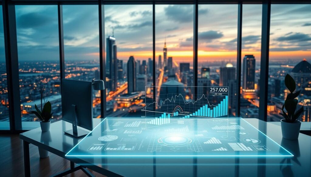 A sleek, modern office interior with an expansive view of a bustling city skyline through floor-to-ceiling windows. In the foreground, a stylish desk adorned with a state-of-the-art computer, a minimalist lamp, and an elegant potted plant. On the desk, a holographic display projects dynamic financial graphs, charts, and data visualizations, representing the efficient, AI-powered portfolio management at work. The lighting is warm and sophisticated, with subtle ambient illumination casting a glow across the scene. The overall atmosphere conveys a sense of technological innovation, productivity, and financial acumen. A sleek, modern office interior with an expansive view of a bustling city skyline through floor-to-ceiling windows. In the foreground, a stylish desk adorned with a state-of-the-art computer, a minimalist lamp, and an elegant potted plant. On the desk, a holographic display projects dynamic financial graphs, charts, and data visualizations, representing the efficient, AI-powered portfolio management at work. The lighting is warm and sophisticated, with subtle ambient illumination casting a glow across the scene. The overall atmosphere conveys a sense of technological innovation, productivity, and financial acumen.