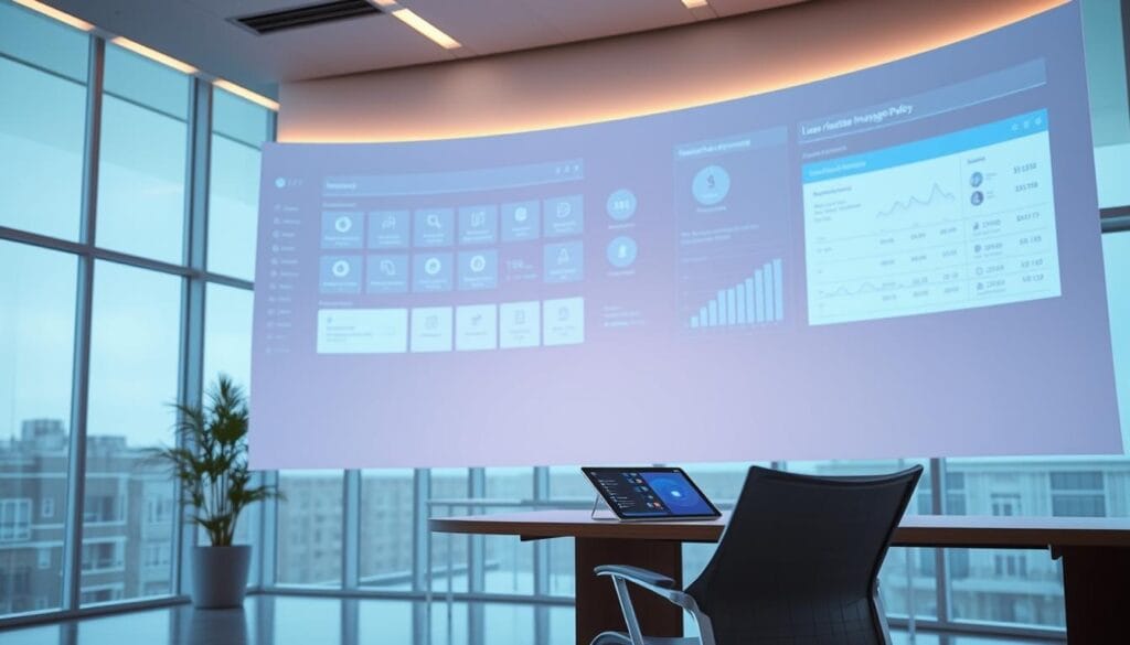 A sleek, modern office interior with floor-to-ceiling windows and a minimalist, user-friendly insurance software interface projected onto a large, curved display. The software features clean, intuitive menu options and dynamic data visualizations, conveying the seamless integration of technology into the insurance policy management process. Soft, directional lighting emanates from the display, casting a warm glow throughout the space. In the foreground, a desk with a stylish, ergonomic chair and a tablet device showcases the mobile accessibility of the software. The overall atmosphere reflects a sense of efficiency, innovation, and the digital transformation of the insurance industry. A sleek, modern office interior with floor-to-ceiling windows and a minimalist, user-friendly insurance software interface projected onto a large, curved display. The software features clean, intuitive menu options and dynamic data visualizations, conveying the seamless integration of technology into the insurance policy management process. Soft, directional lighting emanates from the display, casting a warm glow throughout the space. In the foreground, a desk with a stylish, ergonomic chair and a tablet device showcases the mobile accessibility of the software. The overall atmosphere reflects a sense of efficiency, innovation, and the digital transformation of the insurance industry.