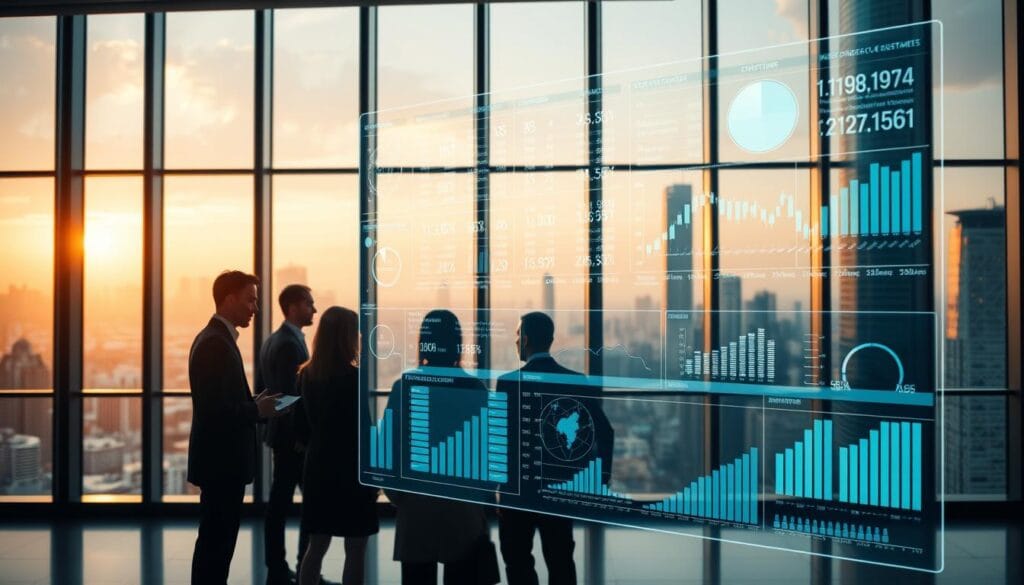 A sleek, modern office interior with floor-to-ceiling windows overlooking a bustling city skyline. In the foreground, a holographic projection displays various financial graphs, charts, and data visualizations, representing the complex strategies and portfolio allocations of a prominent ESG-focused investment fund. The middle ground features a team of financial analysts and portfolio managers intently studying the data, engaged in deep discussion. The background is bathed in soft, warm lighting, creating a sense of professionalism and thoughtful deliberation. The overall scene conveys the sophisticated, data-driven approach of a leading ESG fund, poised to make a positive impact on the world.